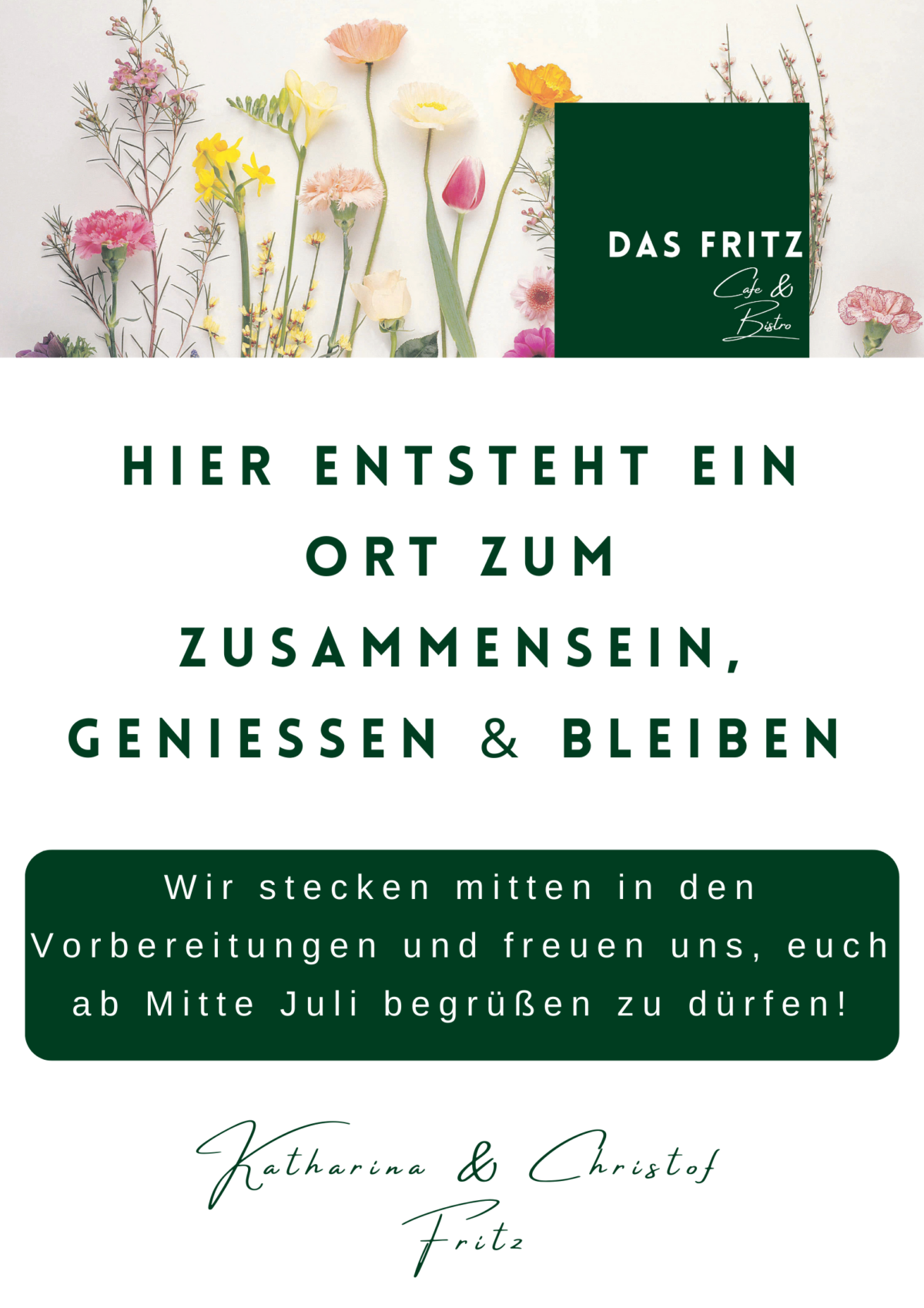 Das Fritz - Cafe & Bistro Hier entsteht ein Ort zum Zusammensein, Geniessen & Bleiben. Wir stecken gerade mitten in der Vorbereitungen und freuen uns, euch ab Mitte Juli begrüßen zu dürfen. Katharina & Christof Fritz